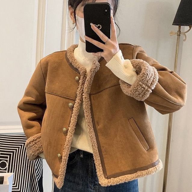 Women's Camel Sherpa-Lined Jacket with Button Front