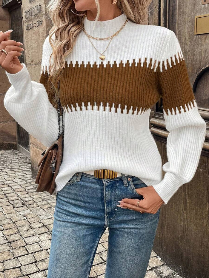 Women's Color-Block Knit Sweater with Mock Neck