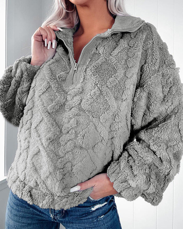 Women's Half-Zip Teddy Pullover with Ribbed Collar