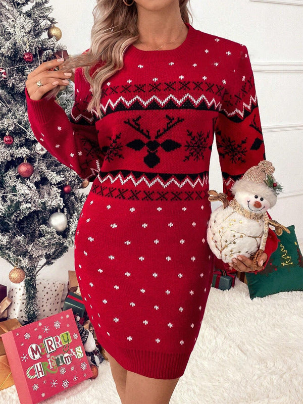 Women's Fair Isle Christmas Sweater Dress Crew Neck
