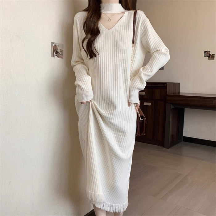 Women's Ribbed Knit V-Neck Midi Dress with Fringe Hem