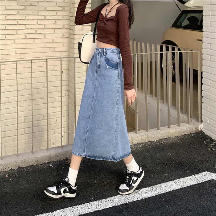 Women's Midi Denim Skirt with High Waist and Front Slit