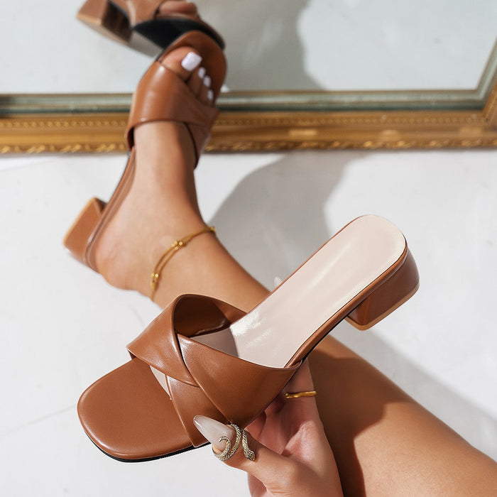 Women's Block Heel Slide Sandals with Crossover Strap