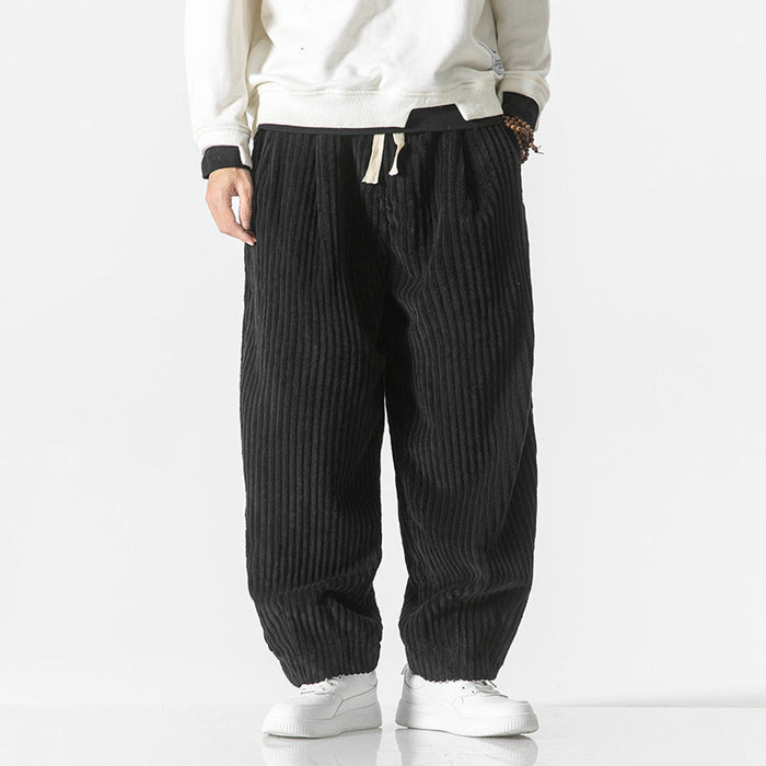 Men's Wide-Leg Corduroy Pants with Elastic Waist and Drawstring