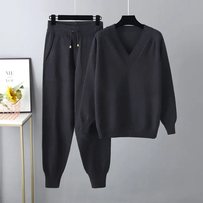 Women's V-Neck Sweater and Trouser Set Two-Piece Knit
