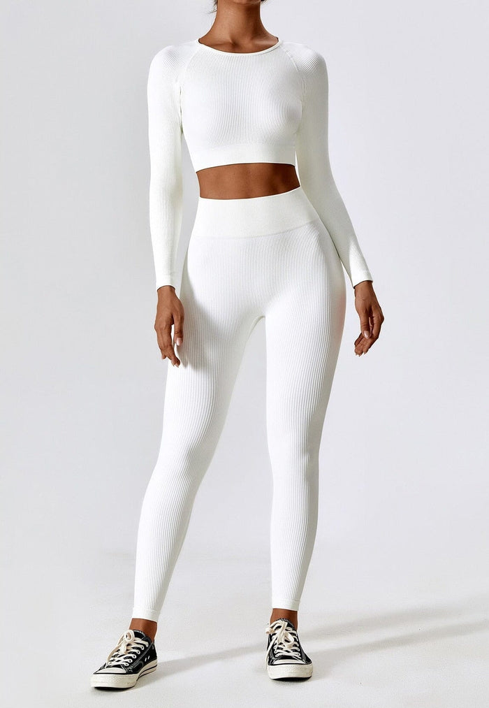 Women's Ribbed Crop Top and Leggings Set Long Sleeve