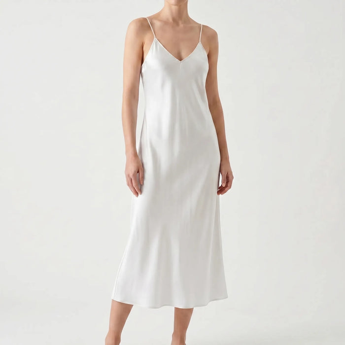 Women's Satin Midi Slip Dress with V-Neck and Spaghetti Straps