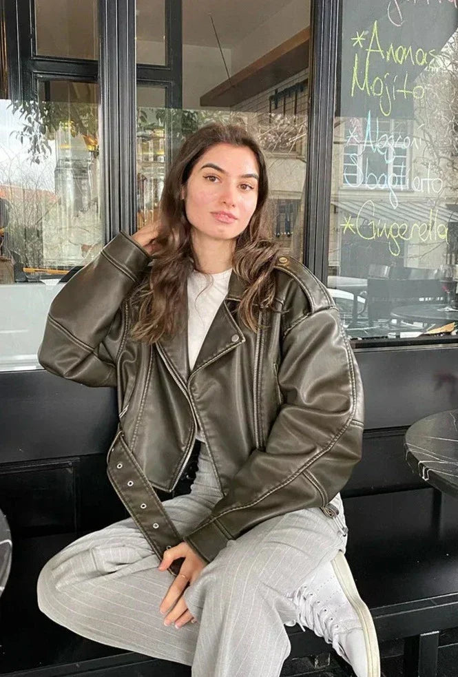 Women's Oversized Biker Jacket with Belt and Zipper Details