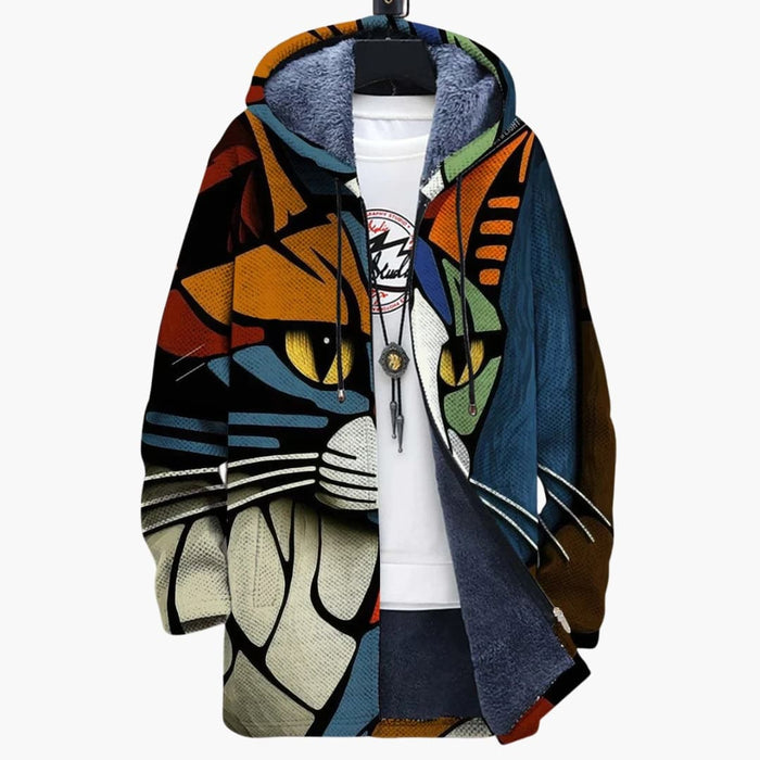 Unisex Hooded Zip Cardigan with Cat Print Design