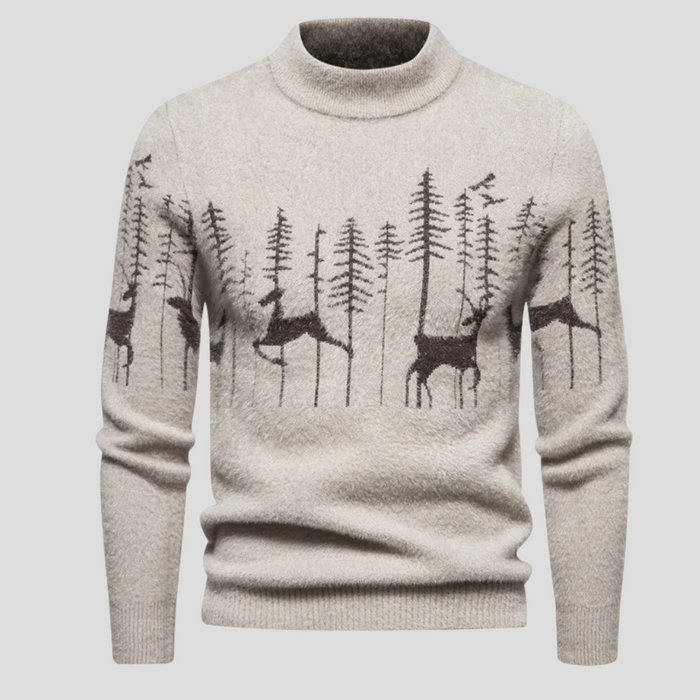 Men's Turtleneck Sweater with Forest Deer Winter Pattern