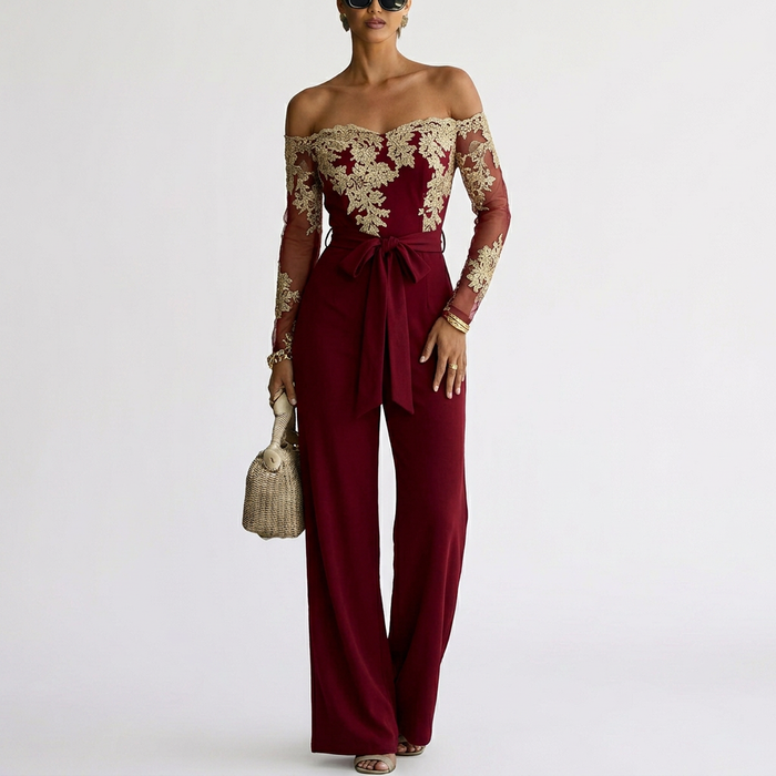 Women’s Off-Shoulder Floral Lace Wide-Leg Jumpsuit with Tie Waist Belt