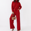 Women’s Turtleneck Knit Two-Piece Set with Drawstring Wide-Leg Trousers
