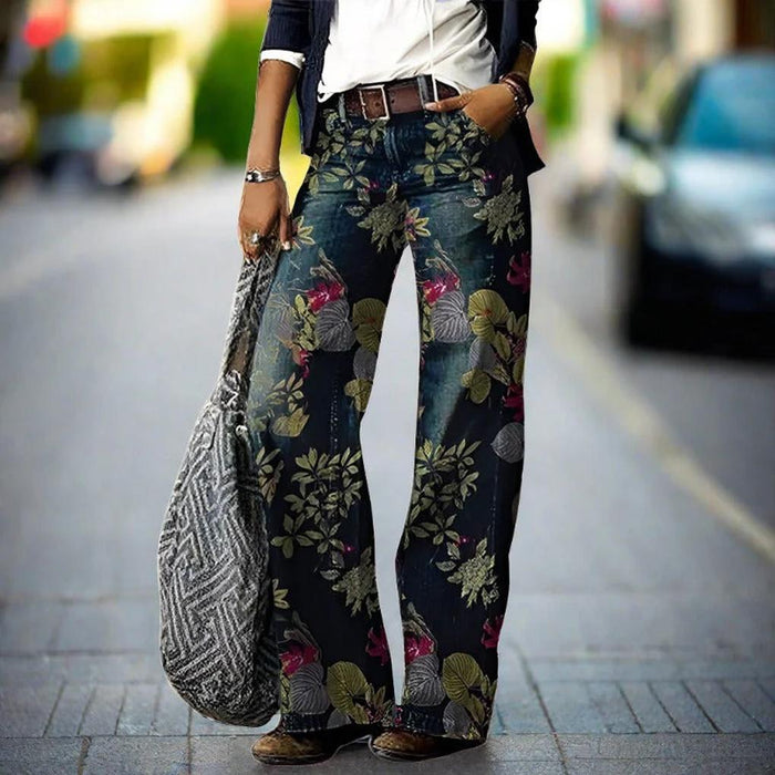 Women's Wide-Leg Jeans with Floral Print and Relaxed Fit