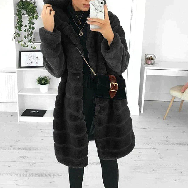 Women's Hooded Teddy Coat Knee-Length with Cozy Fleece