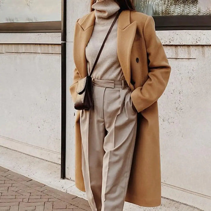 Women's Double-Breasted Long Blazer Coat with Notched Lapel