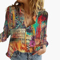 Women’s Artistic Print V-Neck Blouse – Long Sleeve Top