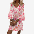 Women’s Boho Printed Shift Mini Dress with Flared Sleeves