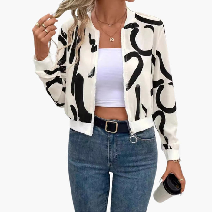 Women’s Bomber Jacket with Zip Front and Printed Surface