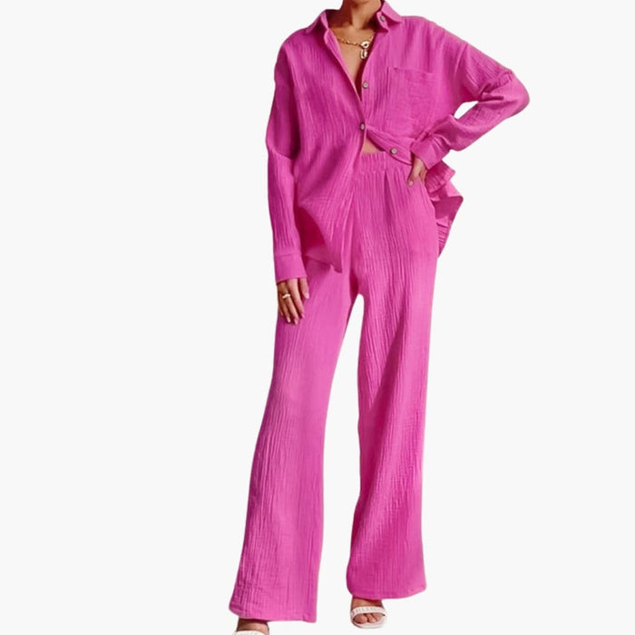 Women’s Button-Down Shirt and Wide Leg Pants Set – Two-Piece Outfit