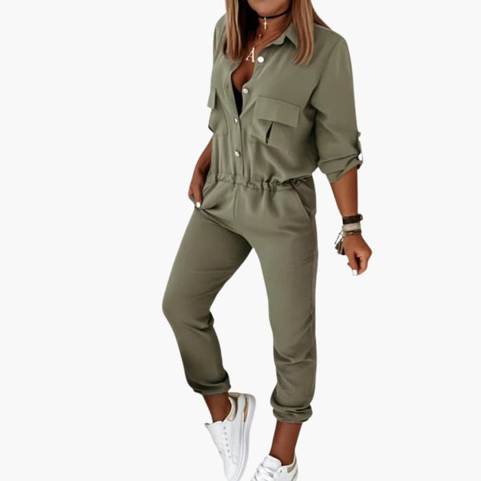 Women’s Button Front Jumpsuit with Elastic Waist and Straight Legs