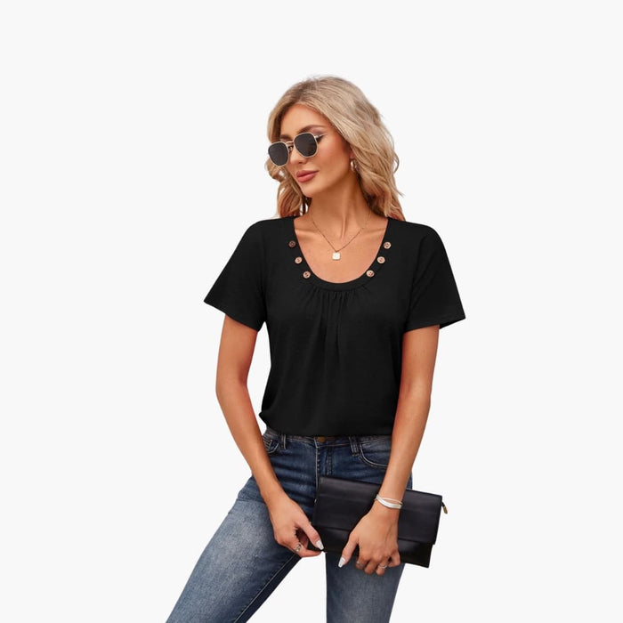 Women’s Crew Neck Decorative Button Front Short Sleeve T-Shirt