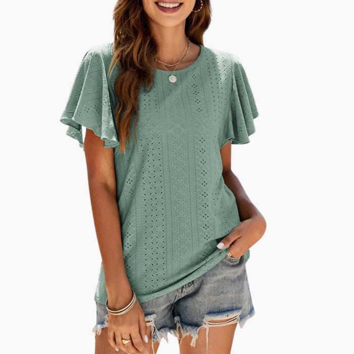 Women’s Crew Neck Ruffle Cut-Out Sleeve Short Sleeve T-Shirt