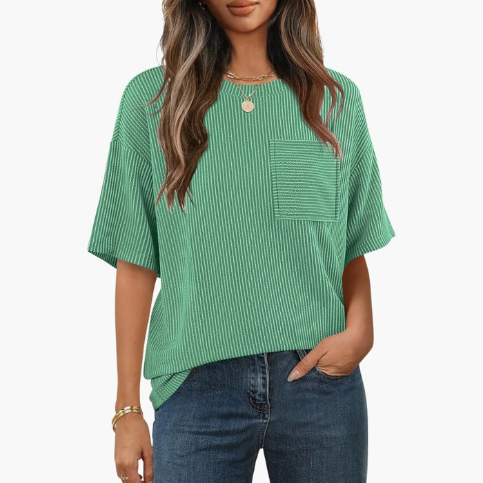 Women’s Crew Neck Striped Short Sleeve T-Shirt with Chest Pocket