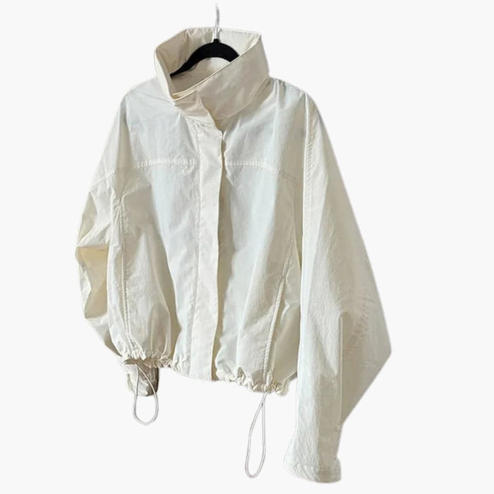 Women’s Cropped Bomber Jacket with Stand Collar and Elastic Hem