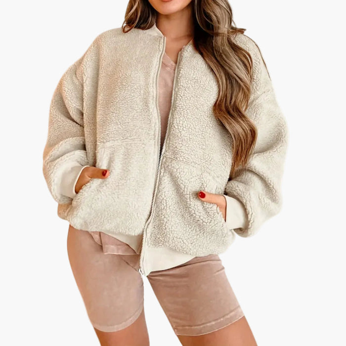 Women’s Fleece Bomber Jacket with Zipper and Pockets