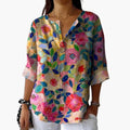 Women’s Floral Button-Down Blouse – Long Sleeve Collared Cotton Woven Shirt Top