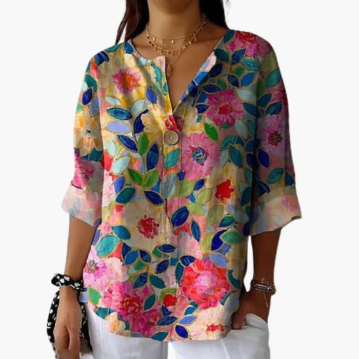Women’s Floral Button-Down Blouse – Long Sleeve Collared Cotton Woven Shirt Top