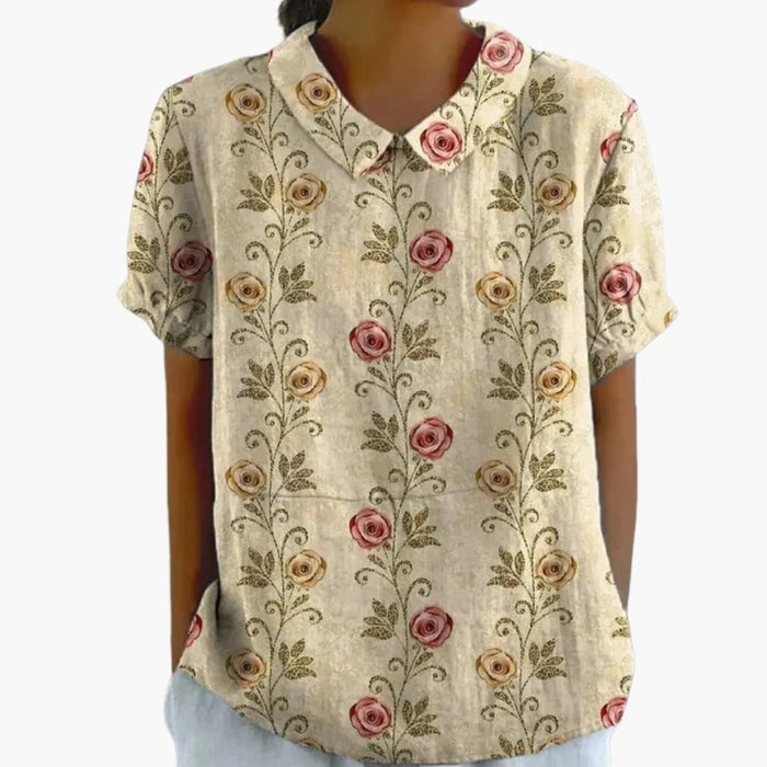 Women’s Floral Print Crew Neck Blouse – Short Sleeve Cotton Blend Woven Top