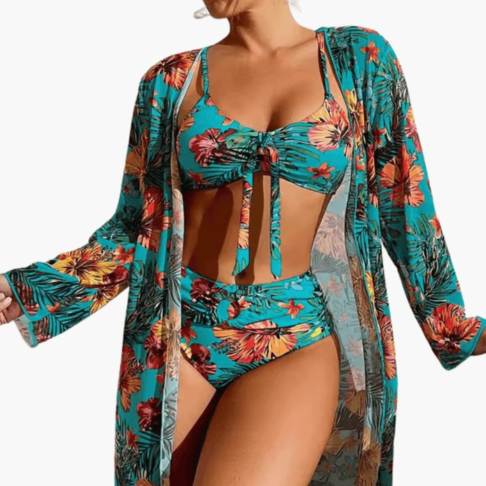 Women’s Floral Three-Piece Bikini Set with Matching Cover-Up