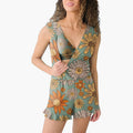 Women’s Floral V-Neck Wide Leg Jumpsuit – Sleeveless Full-Length Woven One-Piece