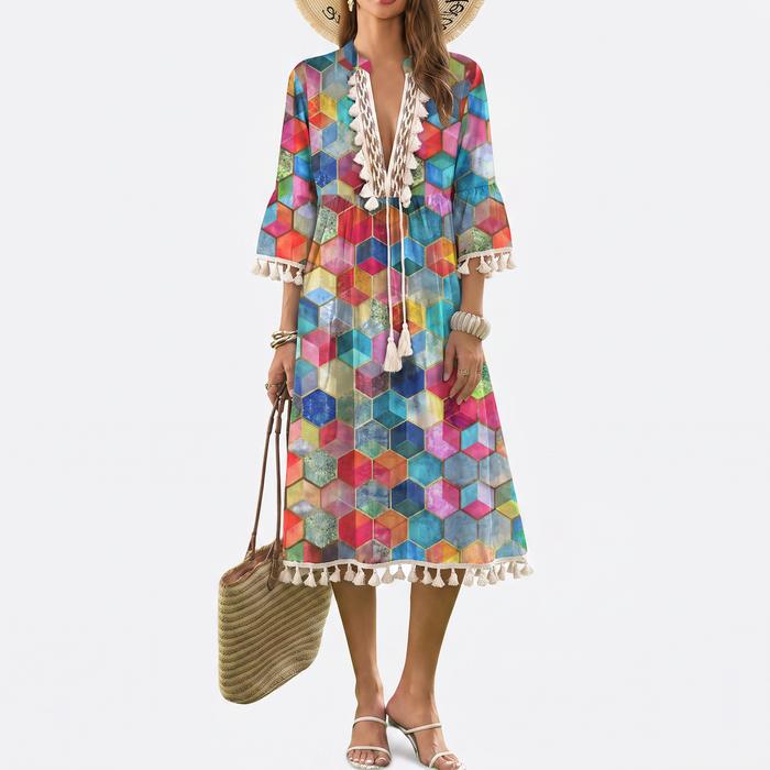 Women’s Geometric Print Tassel-Trim V-Neck Mini Dress
