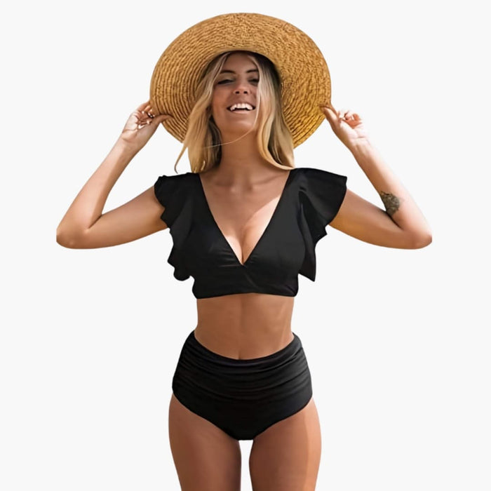 Women’s High-Waisted Bikini Set with Ruffled Sleeves