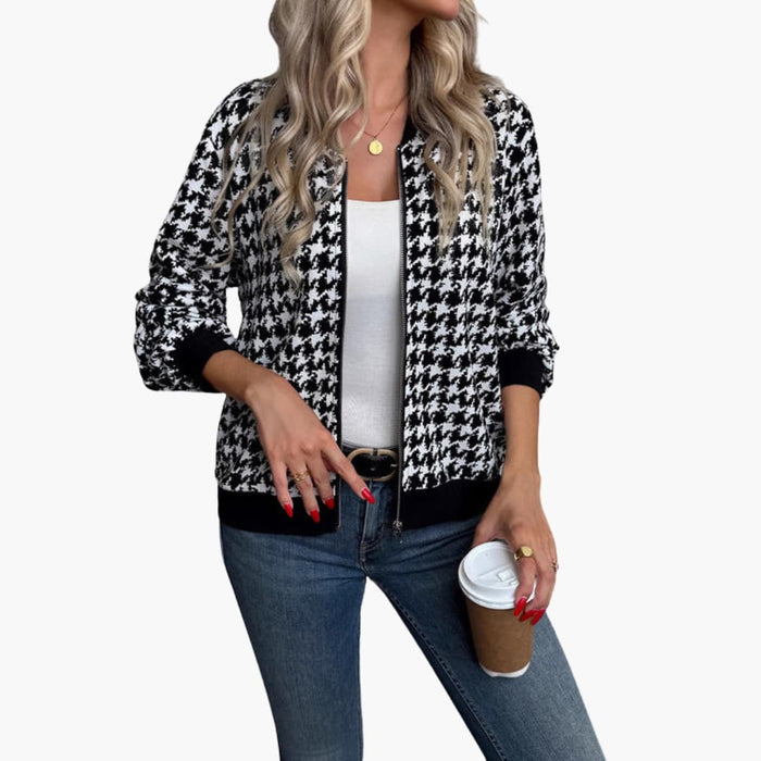Women’s Houndstooth Bomber Jacket with Zip Front and Elastic Cuffs