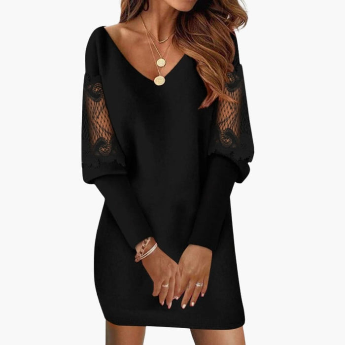 Women’s Knee-Length Dress with V-Neck and Lace Panels