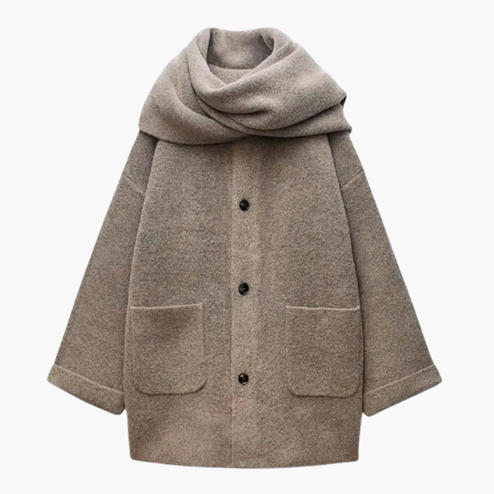 Women’s Knit Cardigan with Button Closure and Attached Scarf