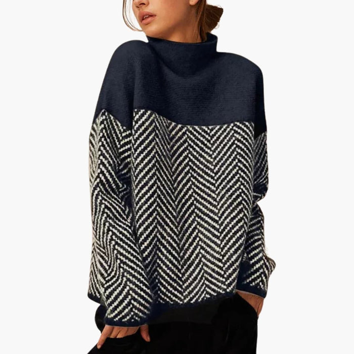Women’s Knit Sweater with Stand Collar and Patterned Surface