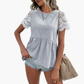 Women’s Lace Sleeve Peplum Crew Neck Short Sleeve T-Shirt