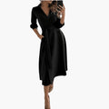 Women’s Lapel Collar Midi Dress with Split Hem - Waist Bow and Long Sleeves