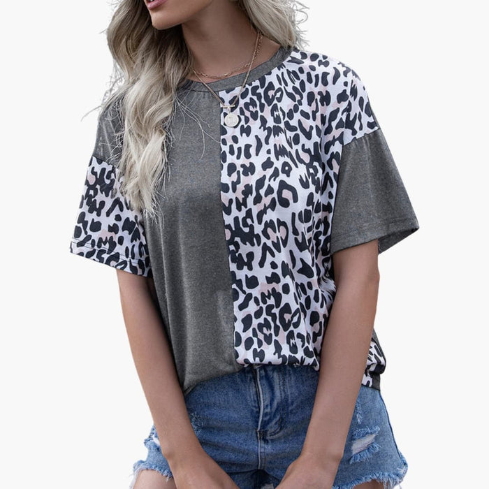 Women’s Leopard Pattern Short Sleeve T-Shirt – Crew Neck Top