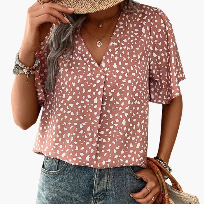 Women’s Leopard Print V-Neck Tee with Elbow-Length Sleeves