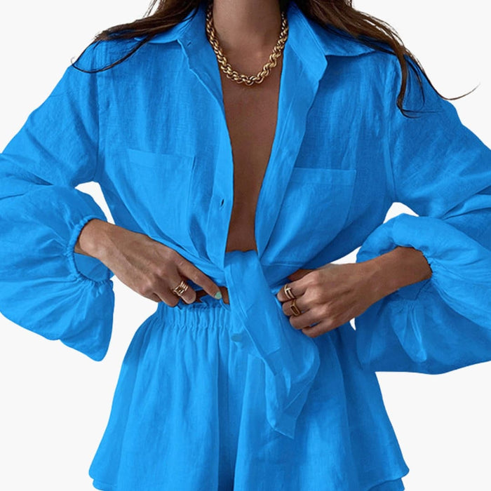 Women’s Linen Cropped Top and Shorts Set – Two-Piece Outfit