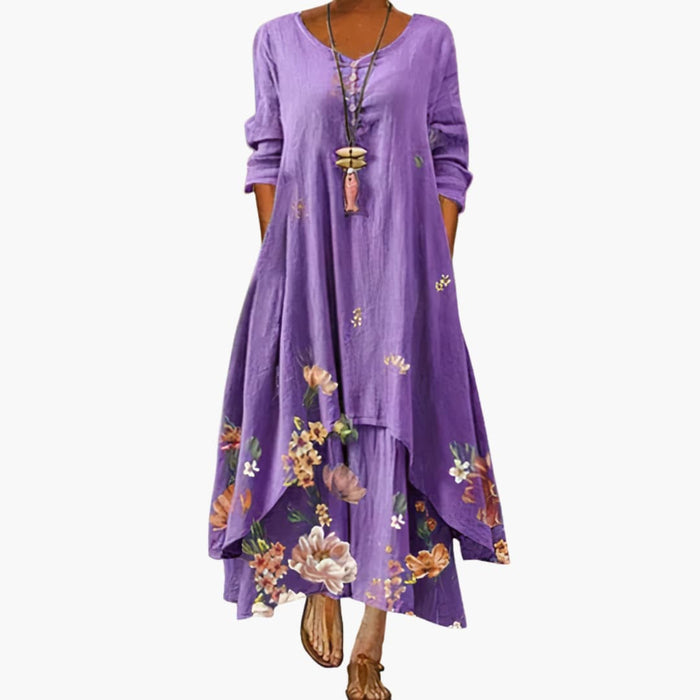 Women’s Long Sleeve Dress with Round Neckline and Side Pockets