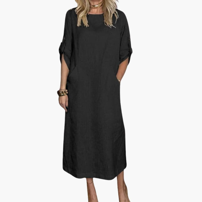 Women’s Long Sleeve Midi Dress with Side Pockets and Round Neck