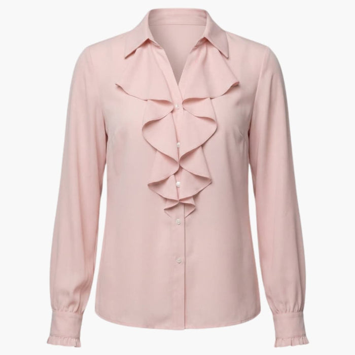 Women’s Long Sleeve Ruffle Front Blouse – Crew Neck Loose Fit Woven Shirt Top