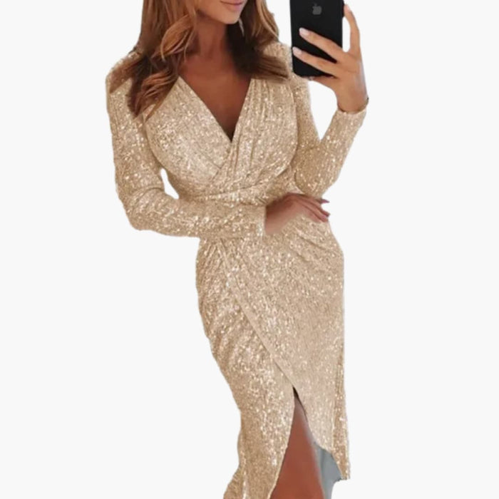 Women’s Long Sleeve Sequin Midi Dress with Side Slit and Fitted Waist