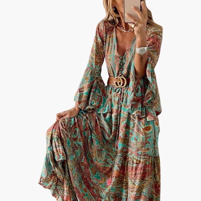 Women’s Maxi Dress with Paisley Print and Trumpet Sleeves